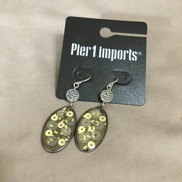 Vintage Pier One Pier1 Imports Captured Sequins Large Oval Dangle Earrings - Picture 1 of 2